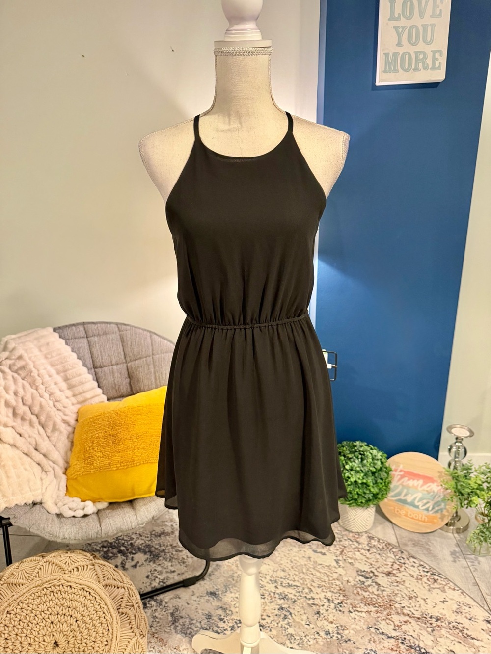 Monteau Black Chiffon Halter Dress M NWOT